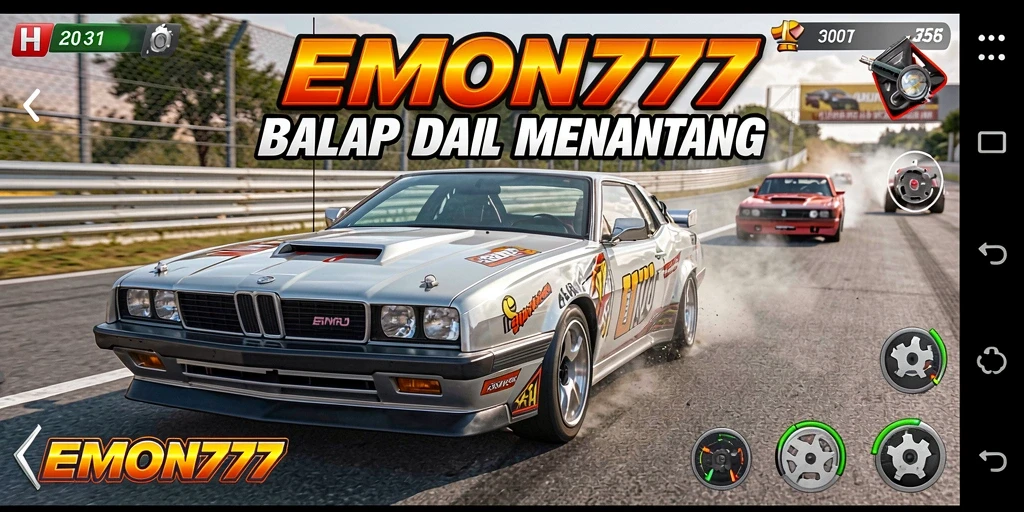 Screenshot gameplay EMON777 menampilkan aksi balap yang seru.