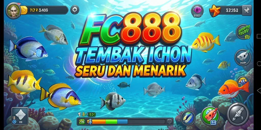 Screenshot gameplay FC888 menunjukkan keseruan memburu ikan di bawah laut.
