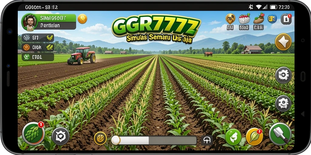 Tampilan gameplay GGR7777 menampilkan ladang yang subur dan hewan ternak yang sehat.