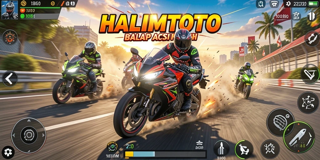 Tangkapan layar menunjukkan balapan motor yang cepat dan menegangkan.