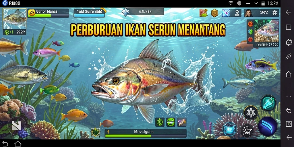 Tangkapan layar menampilkan aksi menembak ikan yang seru di RI889.