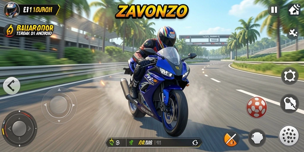 Tampilan gameplay seru di ZAVONZO dengan motor cepat.